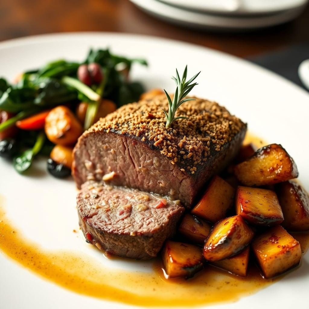 Rosemary-Crusted Beef Tenderloin with Roasted Root Vegetables and Garlic Spinach Rosemary-Crusted Beef Tenderloin with Roasted Root Vegetables and Garlic Spinach