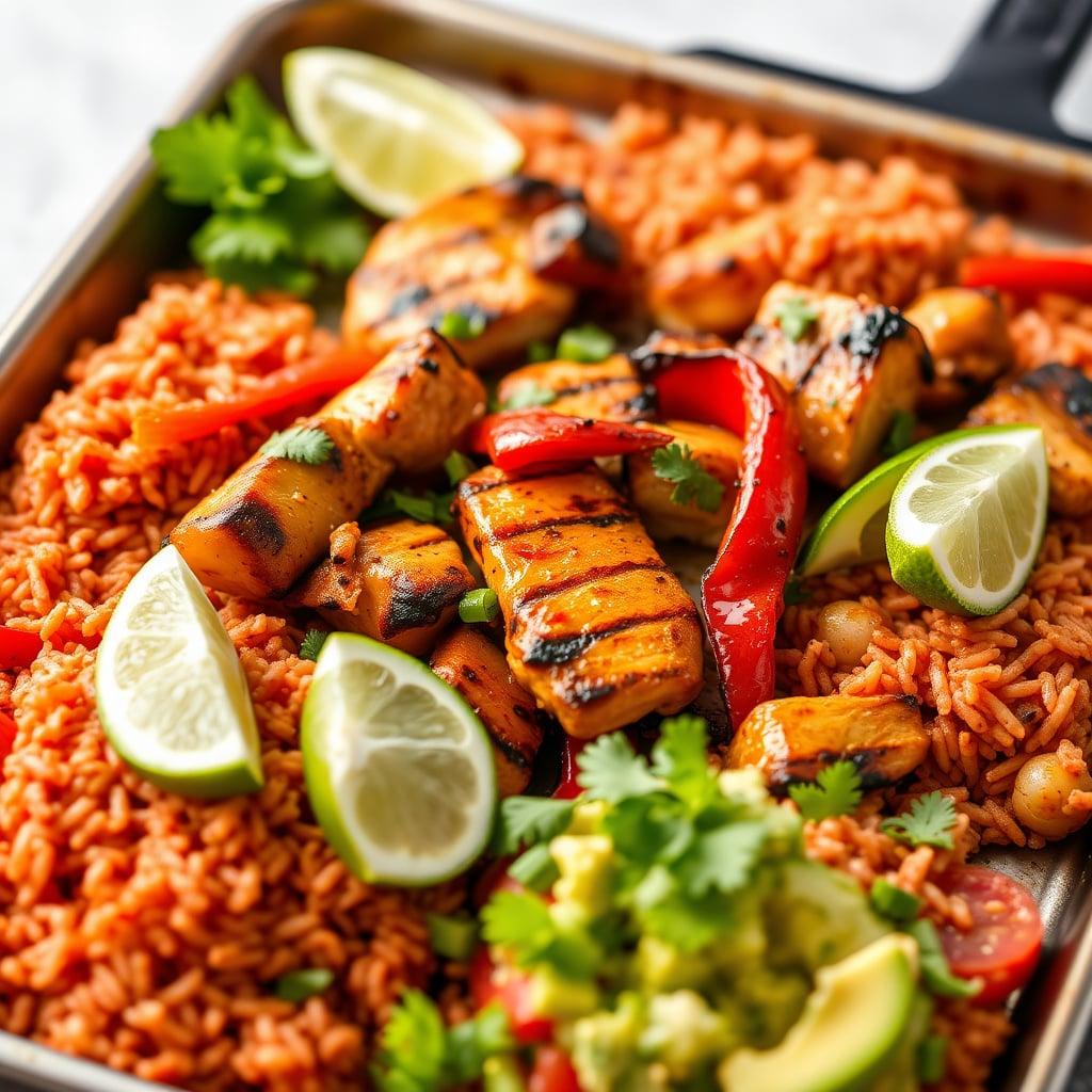 Sheet Pan Chicken Fajitas with Spanish Rice and Avocado Salad Sheet Pan Chicken Fajitas with Spanish Rice and Avocado Salad