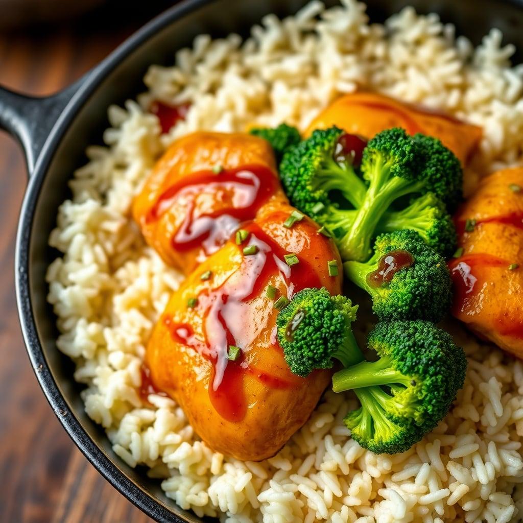 One-Pot Honey-Garlic Chicken and Rice Skillet with Fresh Broccoli One-Pot Honey-Garlic Chicken and Rice Skillet with Fresh Broccoli