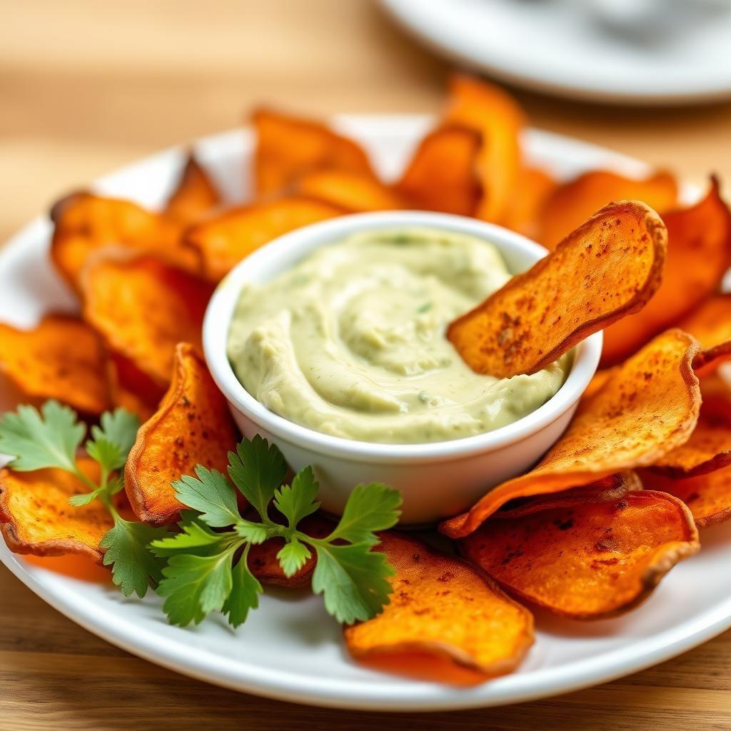 Baked Sweet Potato Chips with Avocado Dip