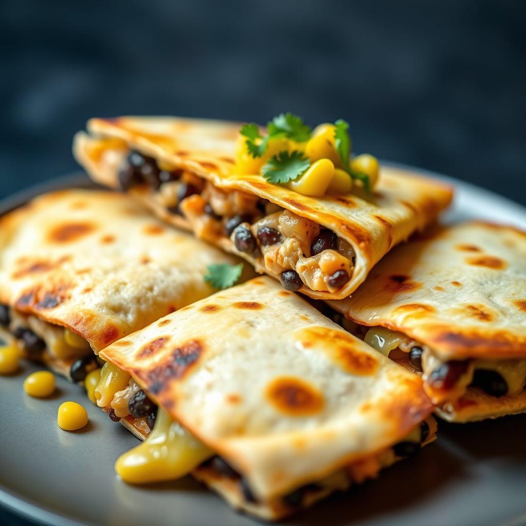 Cheesy Chicken and Black Bean Quesadillas with Corn