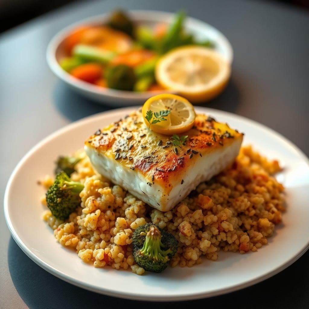 Mediterranean Baked Cod with Lemon-Herb Quinoa and Garlic Roasted Broccoli Mediterranean Baked Cod with Lemon-Herb Quinoa and Garlic Roasted Broccoli