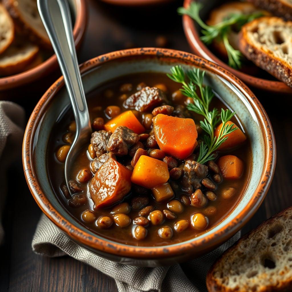Hearty Beef and Brown Lentil Stew with Aromatic Root Vegetables Hearty Beef and Brown Lentil Stew with Aromatic Root Vegetables