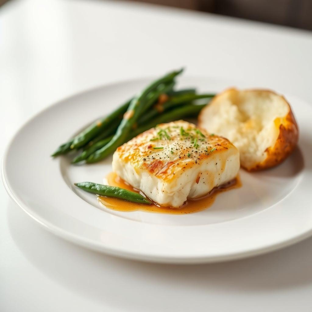 Baked Cod with Baked Potato and Steamed Green Beans