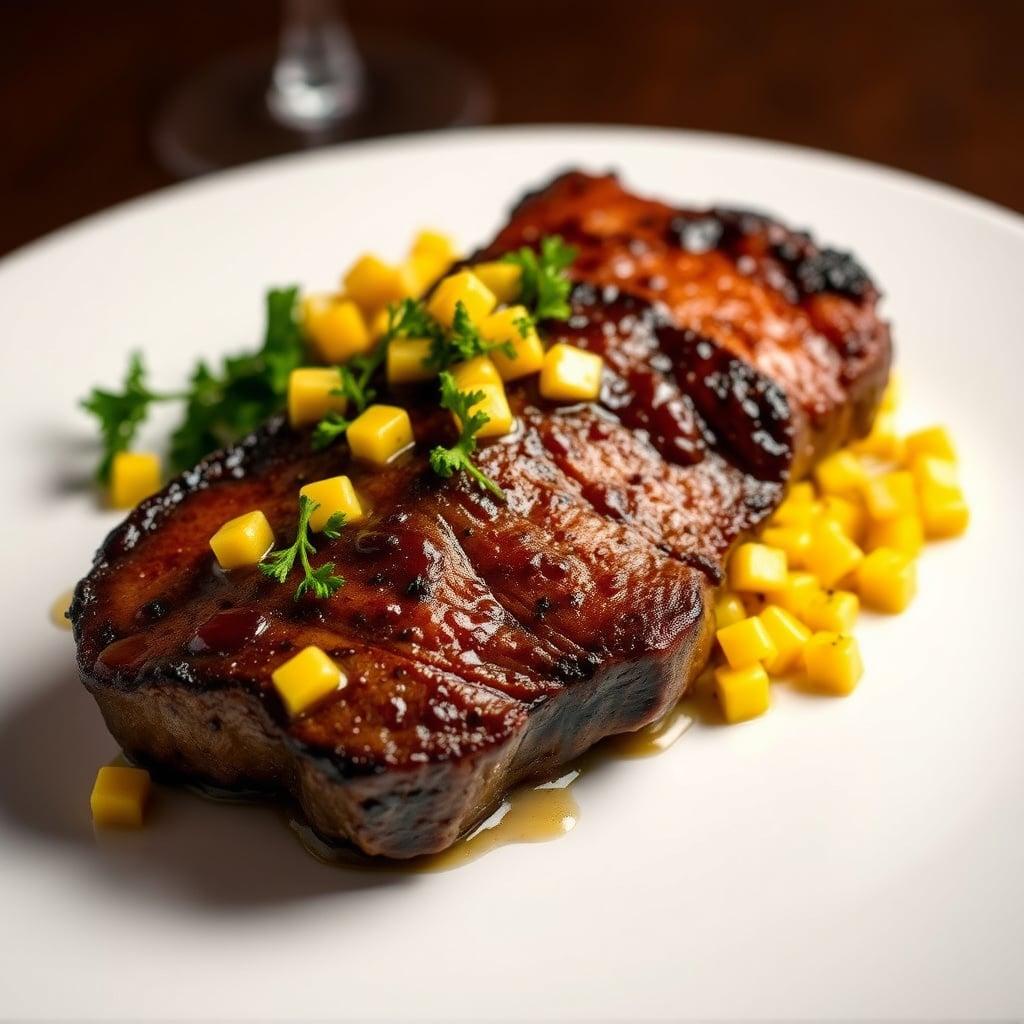 Smoky Maple Glazed Bone-In Rib Steak with Sweet Corn Relish and Garlic Kale