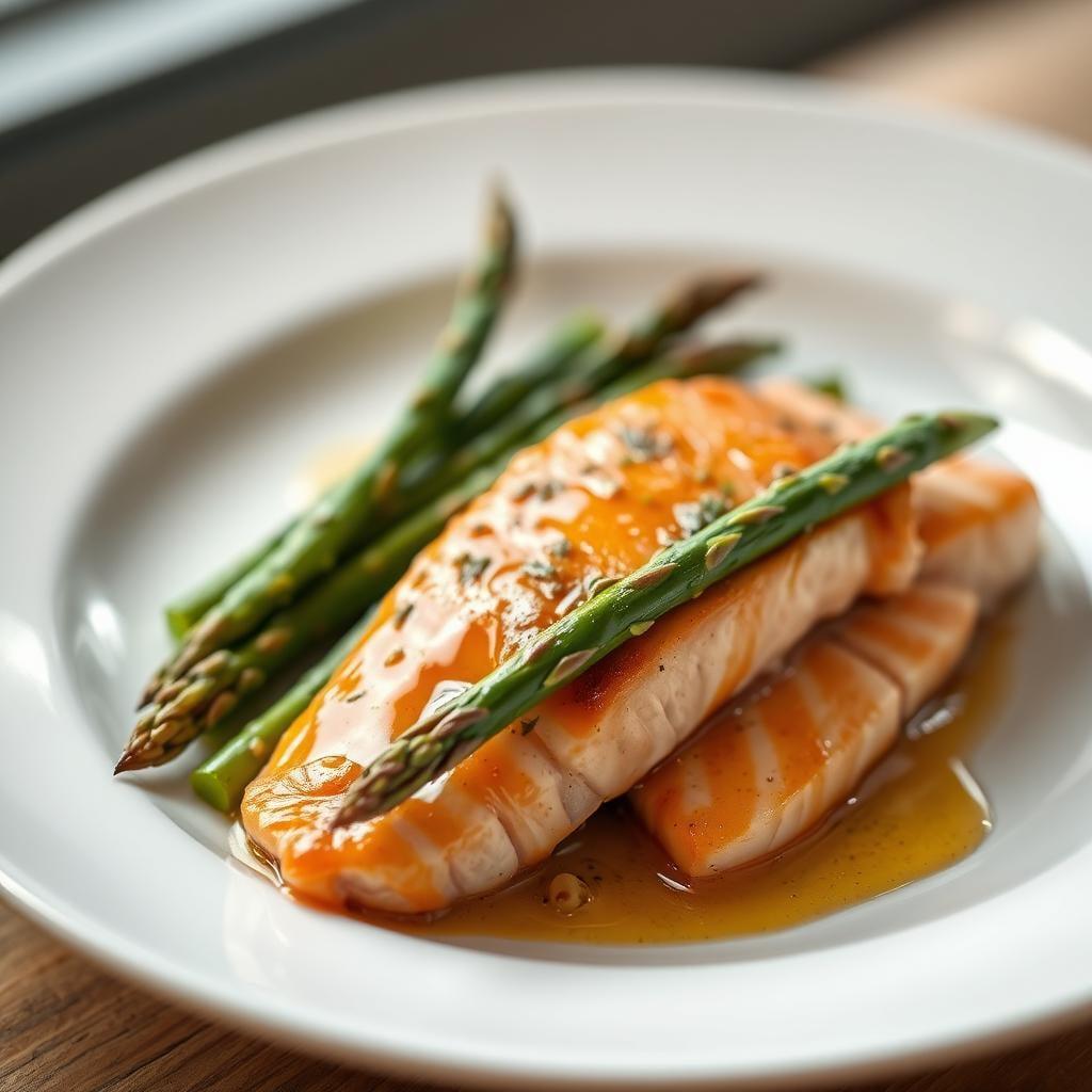 Honey-Mustard Glazed Salmon with Roasted Asparagus Honey-Mustard Glazed Salmon with Roasted Asparagus