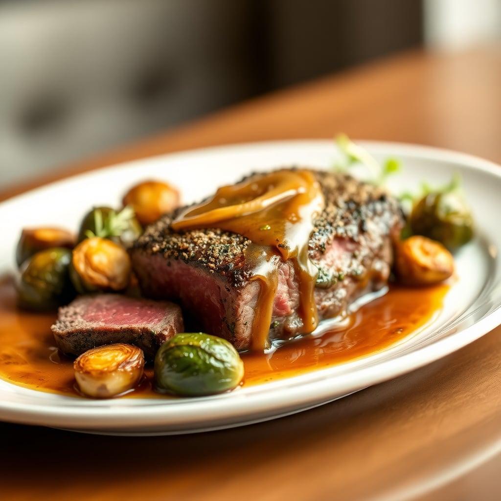 Herb-Crusted Sirloin with Caramelized Onion Pan Sauce and Roasted Brussels Sprouts Herb-Crusted Sirloin with Caramelized Onion Pan Sauce and Roasted Brussels Sprouts