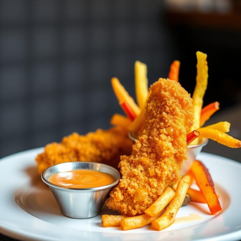 Crispy Baked Fish Sticks with Homemade Tartar Sauce and Rainbow Veggie Fries Crispy Baked Fish Sticks with Homemade Tartar Sauce and Rainbow Veggie Fries