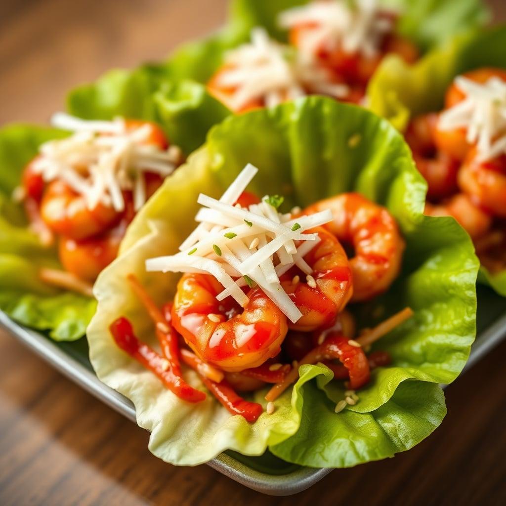 Gochujang-Glazed Shrimp Lettuce Cups with Quick-Pickled Daikon Gochujang-Glazed Shrimp Lettuce Cups with Quick-Pickled Daikon