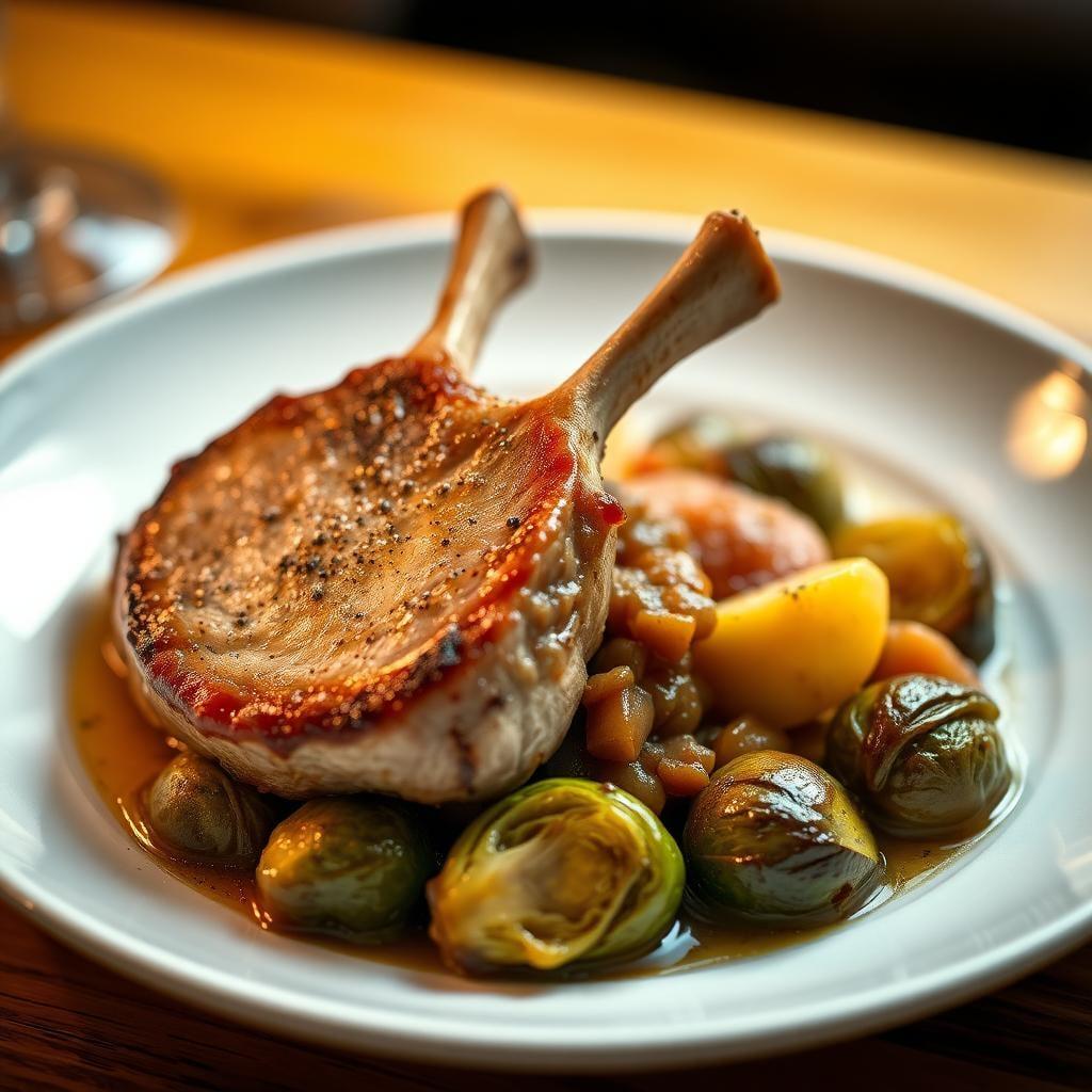 Sage-Butter Pork Chops with Caramelized Apple Compote and Roasted Brussels Sprouts