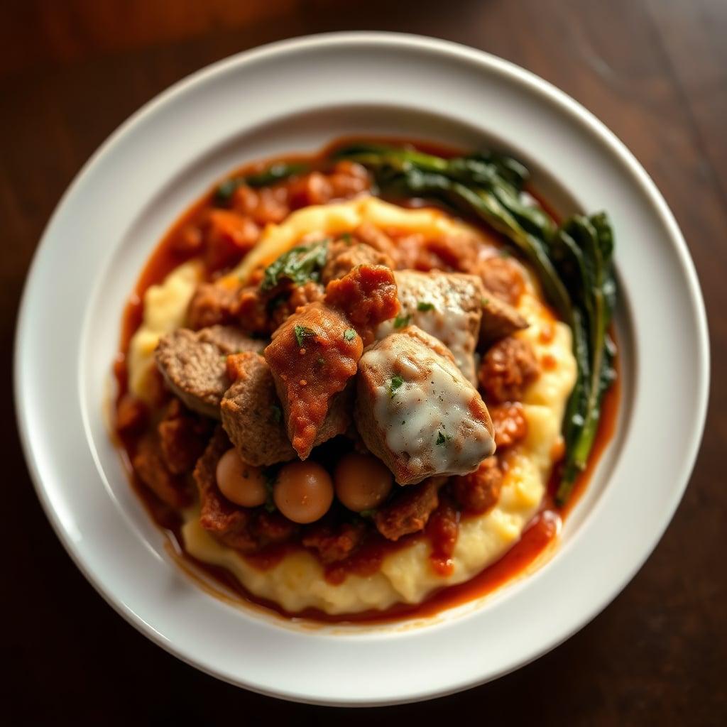 Rustic Italian Pork Ragu with Creamy Polenta and Sautéed Greens