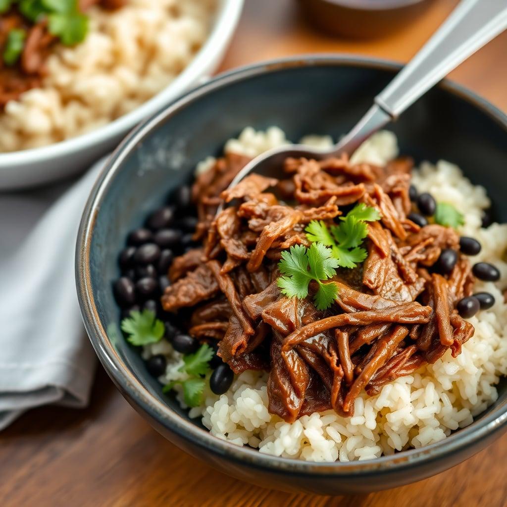 Slow-Braised Barbacoa Beef with Cilantro-Lime Rice and Black Beans Slow-Braised Barbacoa Beef with Cilantro-Lime Rice and Black Beans