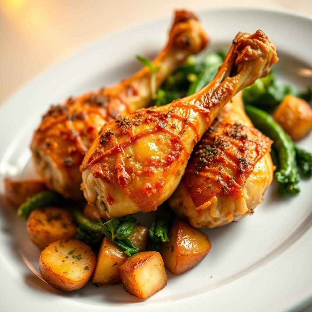 Crispy Baked Chicken Drumsticks with Roasted Potatoes and Greens Crispy Baked Chicken Drumsticks with Roasted Potatoes and Greens