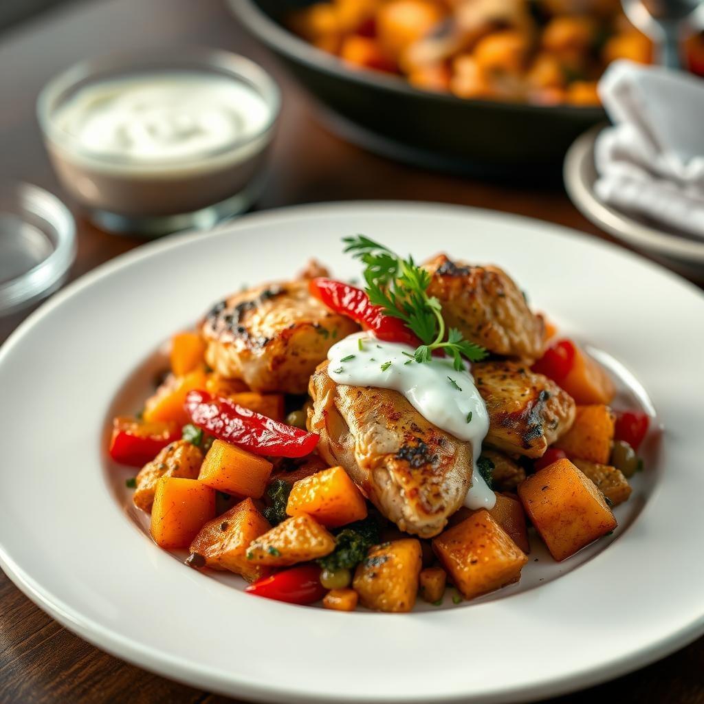 Skillet Chicken and Vegetable Hash with Herb Yogurt Sauce Skillet Chicken and Vegetable Hash with Herb Yogurt Sauce