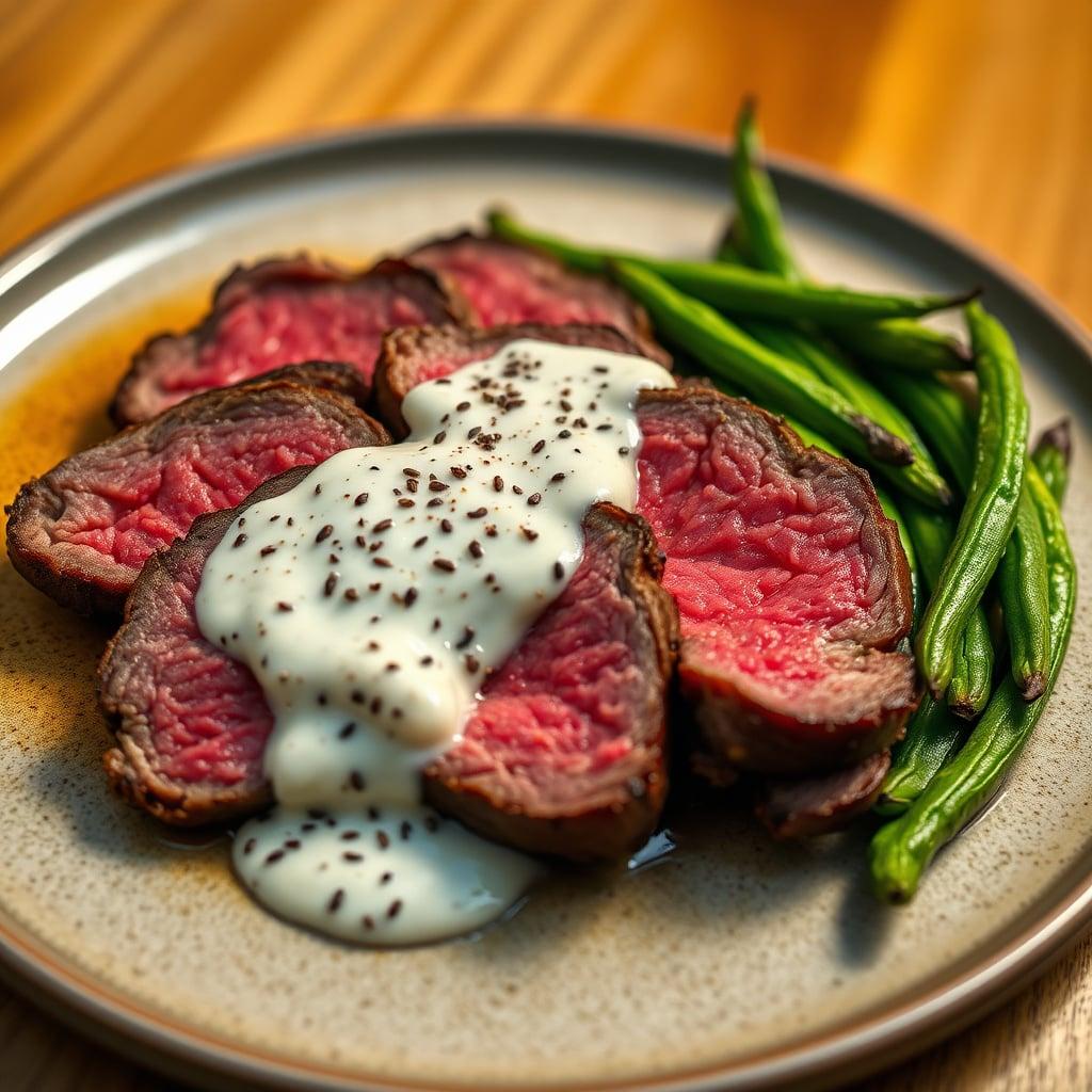 Pan-Seared Flank Steak with Cognac-Peppercorn Cream and Blistered Haricots Verts Pan-Seared Flank Steak with Cognac-Peppercorn Cream and Blistered Haricots Verts