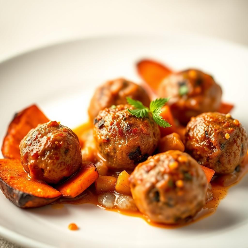 Moroccan-Spiced Turkey Meatballs with Harissa-Roasted Sweet Potatoes Moroccan-Spiced Turkey Meatballs with Harissa-Roasted Sweet Potatoes