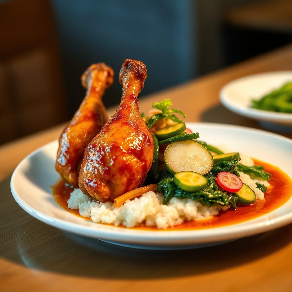 Korean Gochujang-Braised Chicken Legs with Sesame Zucchini, Pickled Radishes, and Ginger-Wilted Kale Korean Gochujang-Braised Chicken Legs with Sesame Zucchini, Pickled Radishes, and Ginger-Wilted Kale