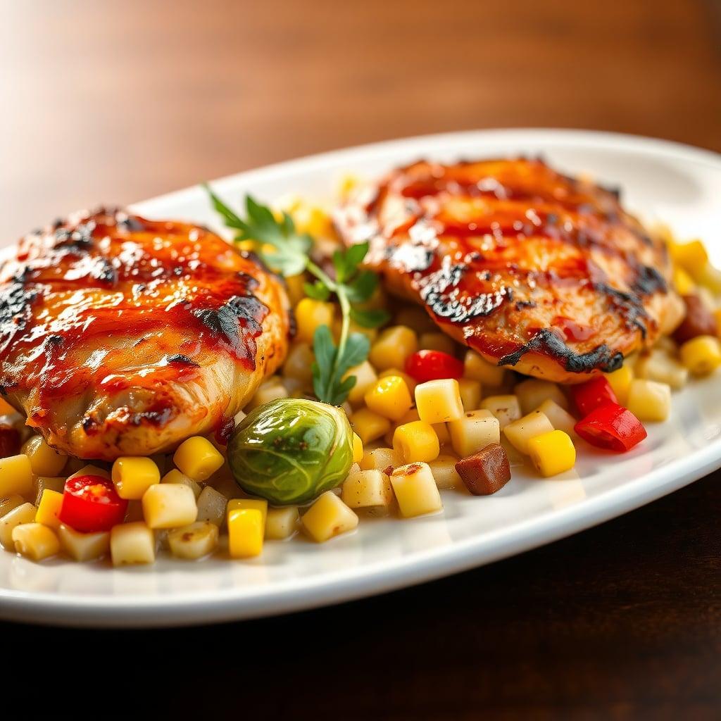 Pan-Seared BBQ Chicken Breasts with Creamy Corn Succotash and Roasted Brussels Sprouts Pan-Seared BBQ Chicken Breasts with Creamy Corn Succotash and Roasted Brussels Sprouts