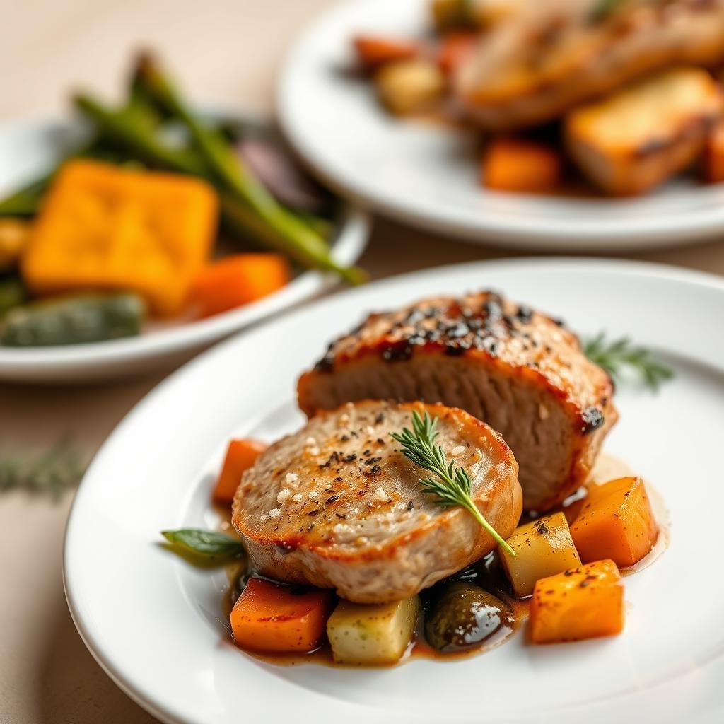 Balsamic Glazed Pork Medallions with Herb-Roasted Vegetables Balsamic Glazed Pork Medallions with Herb-Roasted Vegetables