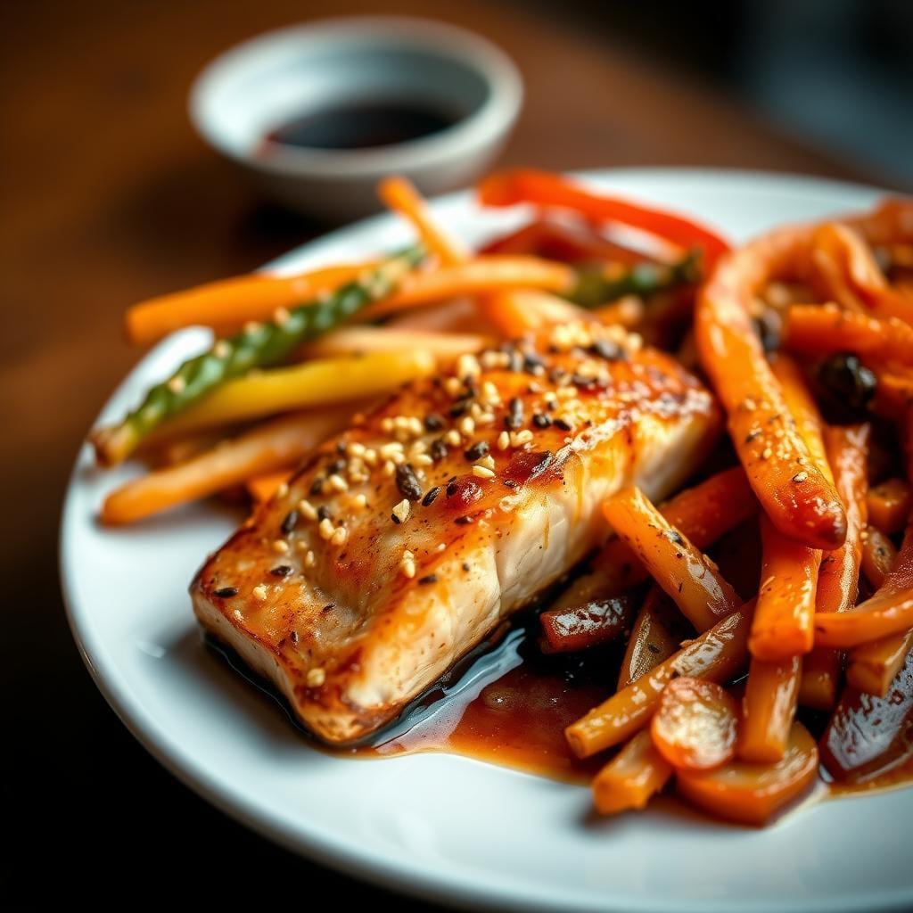 Sesame-Ginger Glazed Salmon with Stir-Fried Vegetables Sesame-Ginger Glazed Salmon with Stir-Fried Vegetables