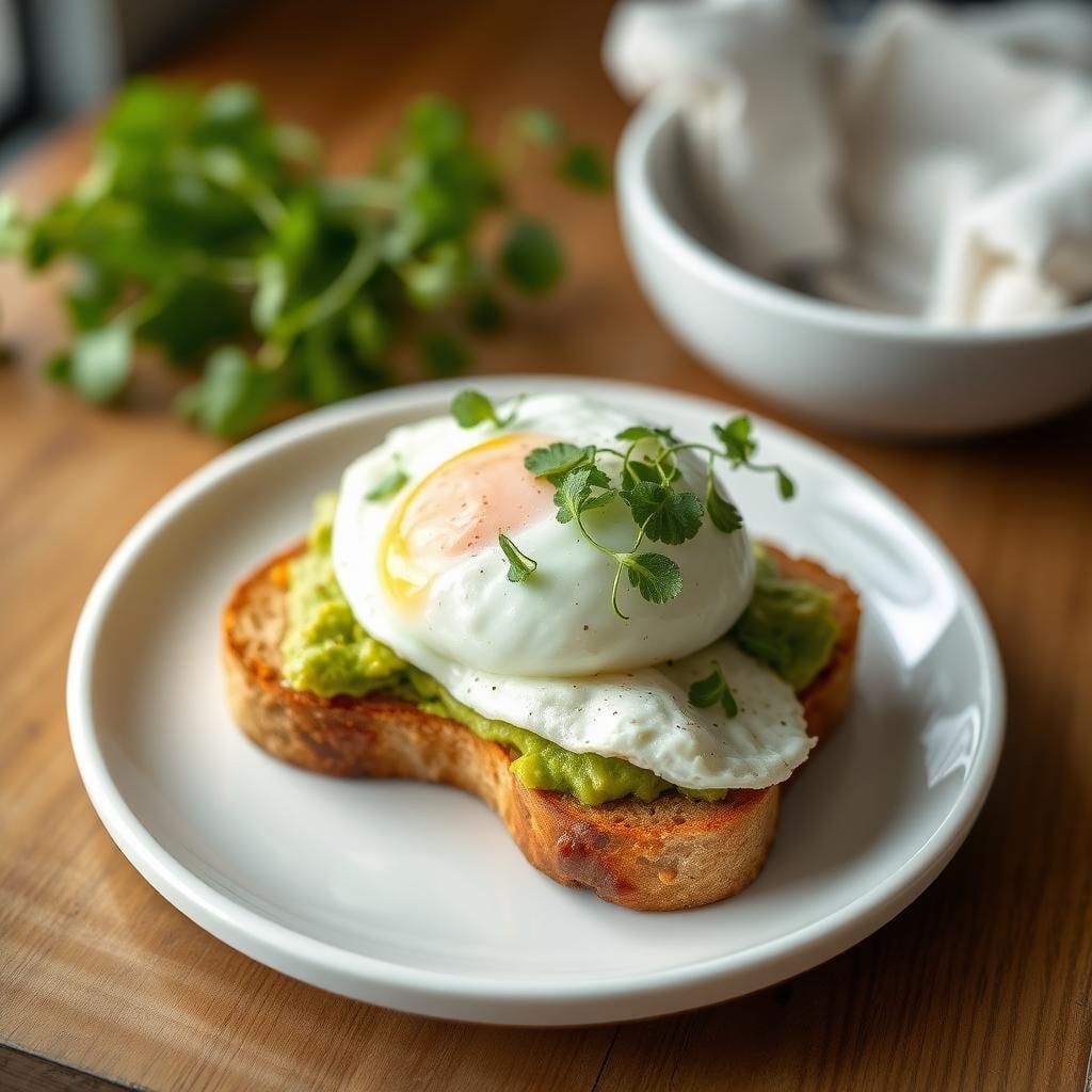 Whole Grain Toast with Avocado, Poached Eggs & Microgreens Whole Grain Toast with Avocado, Poached Eggs & Microgreens