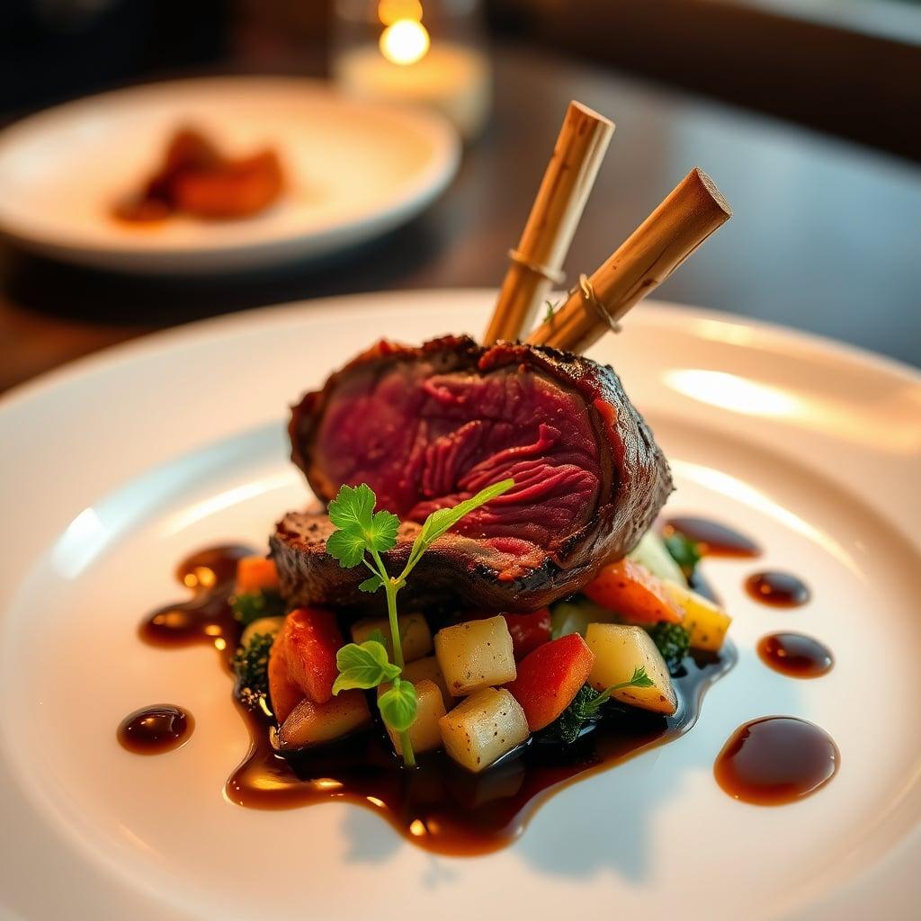 36-Hour Sous Vide Wagyu Short Ribs with Truffle-Infused Parsnip Silk, Compressed Heirloom Vegetable Mosaic, and Aged Balsamic Reduction