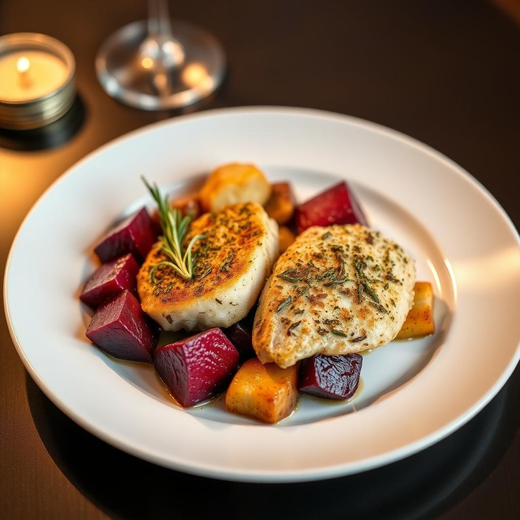 Herb-Crusted Chicken Breast with Roasted Beets and Root Vegetables