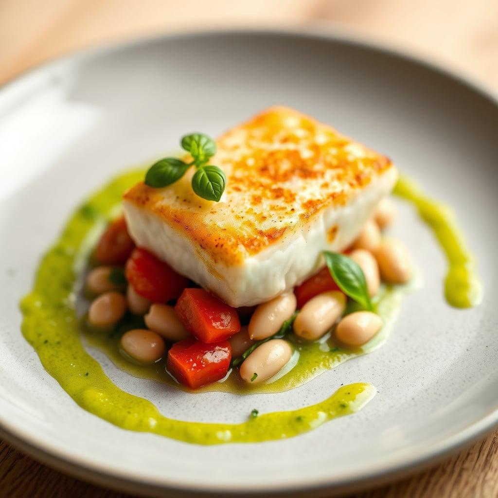 Pan-Seared Halibut with Blistered Cherry Tomatoes, Cannellini Beans, and Basil Emulsion Pan-Seared Halibut with Blistered Cherry Tomatoes, Cannellini Beans, and Basil Emulsion
