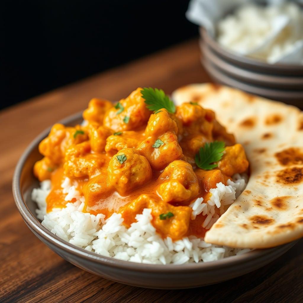 Creamy Cauliflower and Paneer Tikka Masala with Basmati Rice and Garlic Naan Creamy Cauliflower and Paneer Tikka Masala with Basmati Rice and Garlic Naan