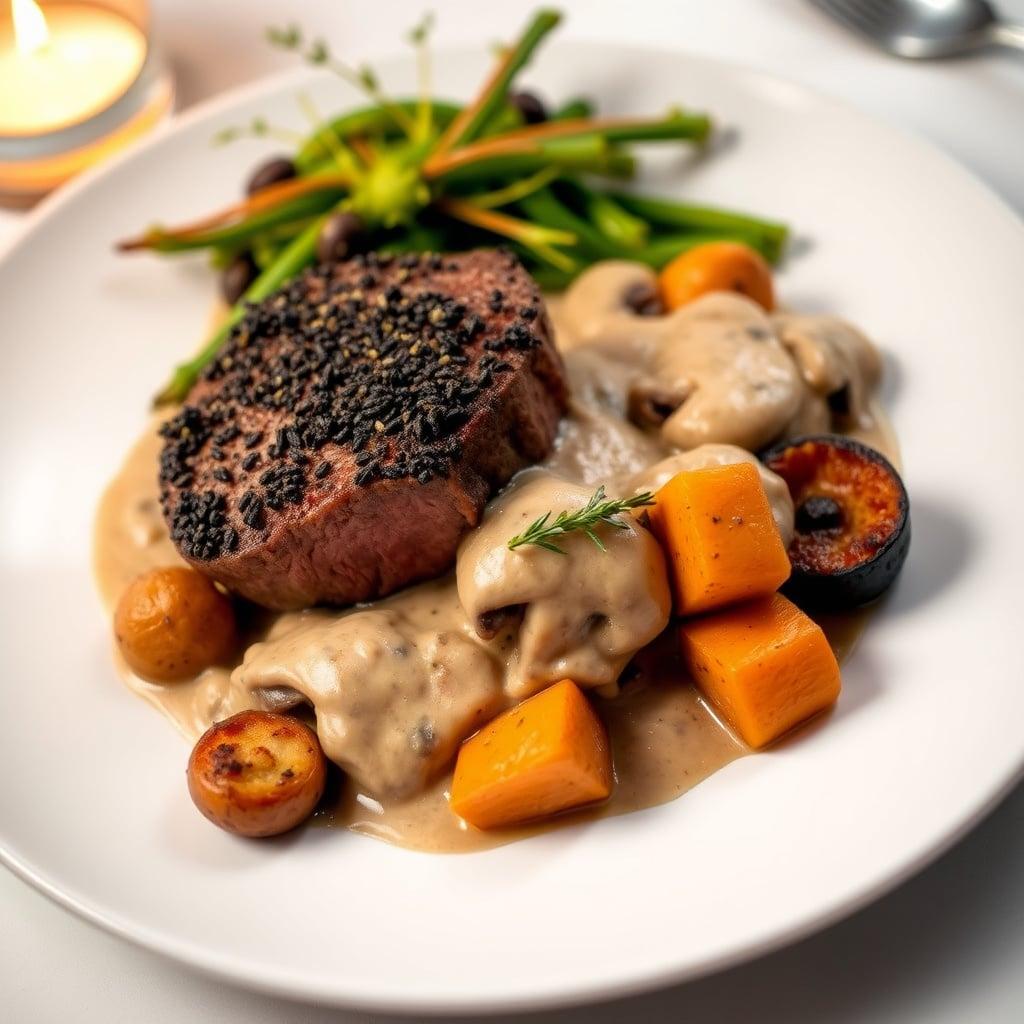 Peppercorn-Crusted Beef Tenderloin with Creamy Mushroom Ragout and Thyme-Roasted Root Vegetables Peppercorn-Crusted Beef Tenderloin with Creamy Mushroom Ragout and Thyme-Roasted Root Vegetables