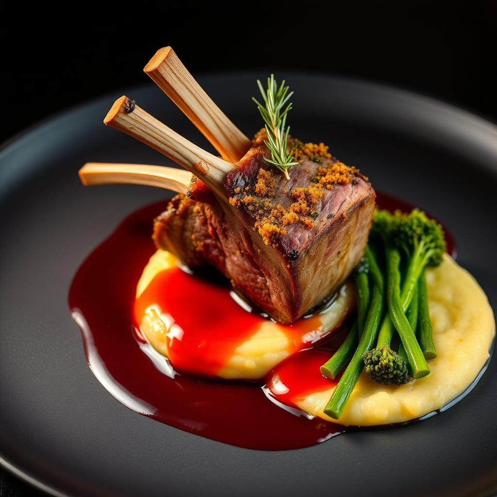 Rosemary-Crusted Rack of Lamb with Port Wine Reduction, Parmesan Polenta and Garlic-Sautéed Broccolini Rosemary-Crusted Rack of Lamb with Port Wine Reduction, Parmesan Polenta and Garlic-Sautéed Broccolini