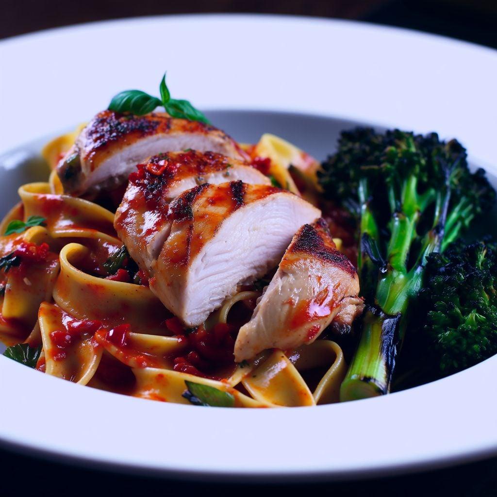 Pan-Seared Chicken and Pappardelle in Spicy Calabrian Pan Sauce with Charred Broccolini Pan-Seared Chicken and Pappardelle in Spicy Calabrian Pan Sauce with Charred Broccolini