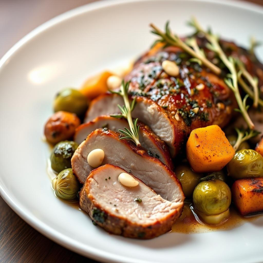 Garlic-Herb Pork Loin with Roasted Brussels Sprouts and Butternut Squash Garlic-Herb Pork Loin with Roasted Brussels Sprouts and Butternut Squash