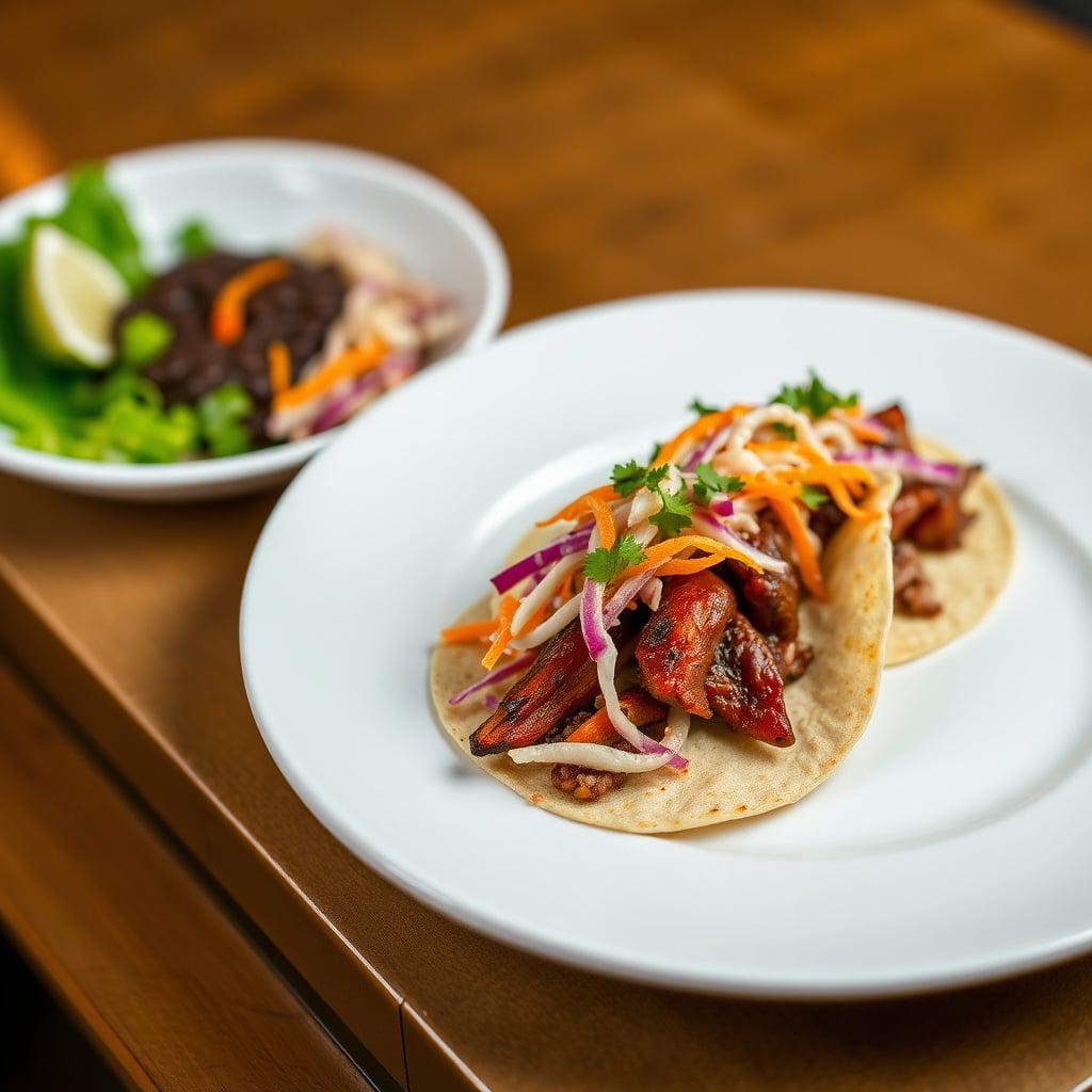 Achiote-Marinated Cochinita Pibil Tacos with Habanero-Citrus Slaw and Black Bean Purée