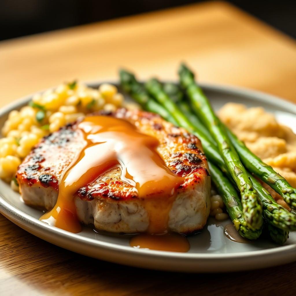 Pan-Seared Pork Chops with Sweet Peach Glaze, Buttered Orzo, and Roasted Asparagus Pan-Seared Pork Chops with Sweet Peach Glaze, Buttered Orzo, and Roasted Asparagus