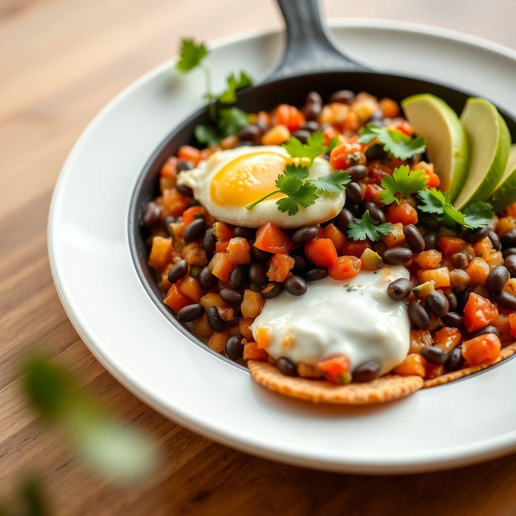 Southwestern Breakfast Skillet with Black Bean Salsa and Avocado Crema Southwestern Breakfast Skillet with Black Bean Salsa and Avocado Crema