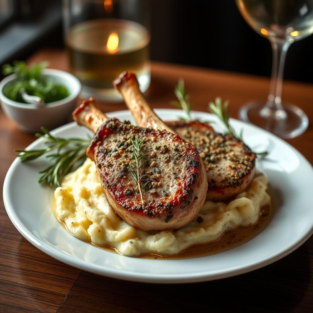 Herb-Crusted Pork Chops with Roasted Garlic Mashed Potatoes Herb-Crusted Pork Chops with Roasted Garlic Mashed Potatoes
