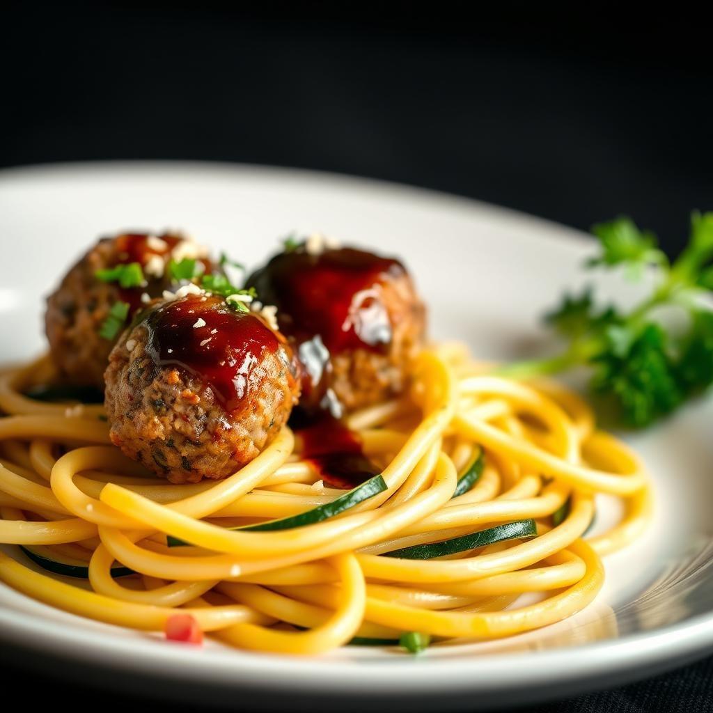 Balsamic Glazed Turkey Meatballs with Zucchini Noodles