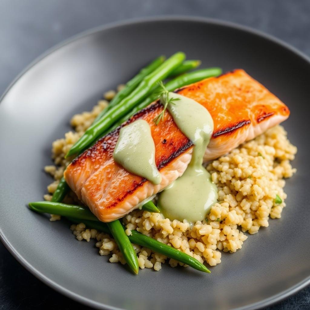 Bistro Pan-Seared Salmon with Lemon-Dill Cream Reduction, Toasted Quinoa Pilaf, and Blanched Haricots Verts