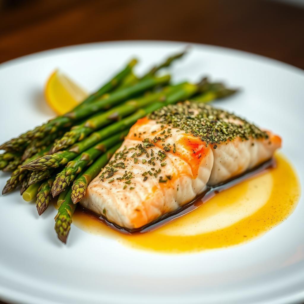 Herb-Crusted Baked Salmon with Roasted Garlic Asparagus Herb-Crusted Baked Salmon with Roasted Garlic Asparagus