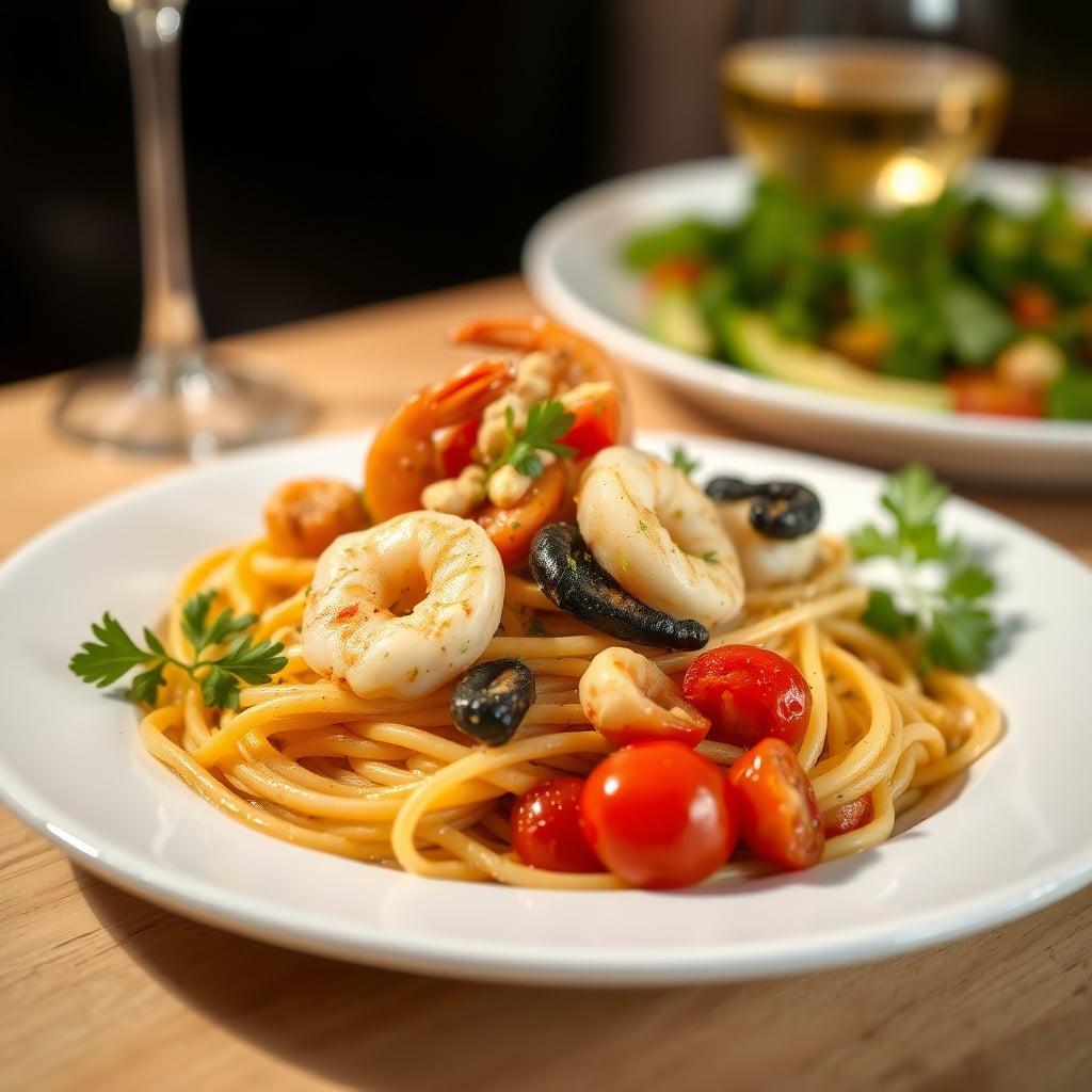 Mediterranean Seafood Pasta with Lemon-Herb Butter and Roasted Tomato Salad