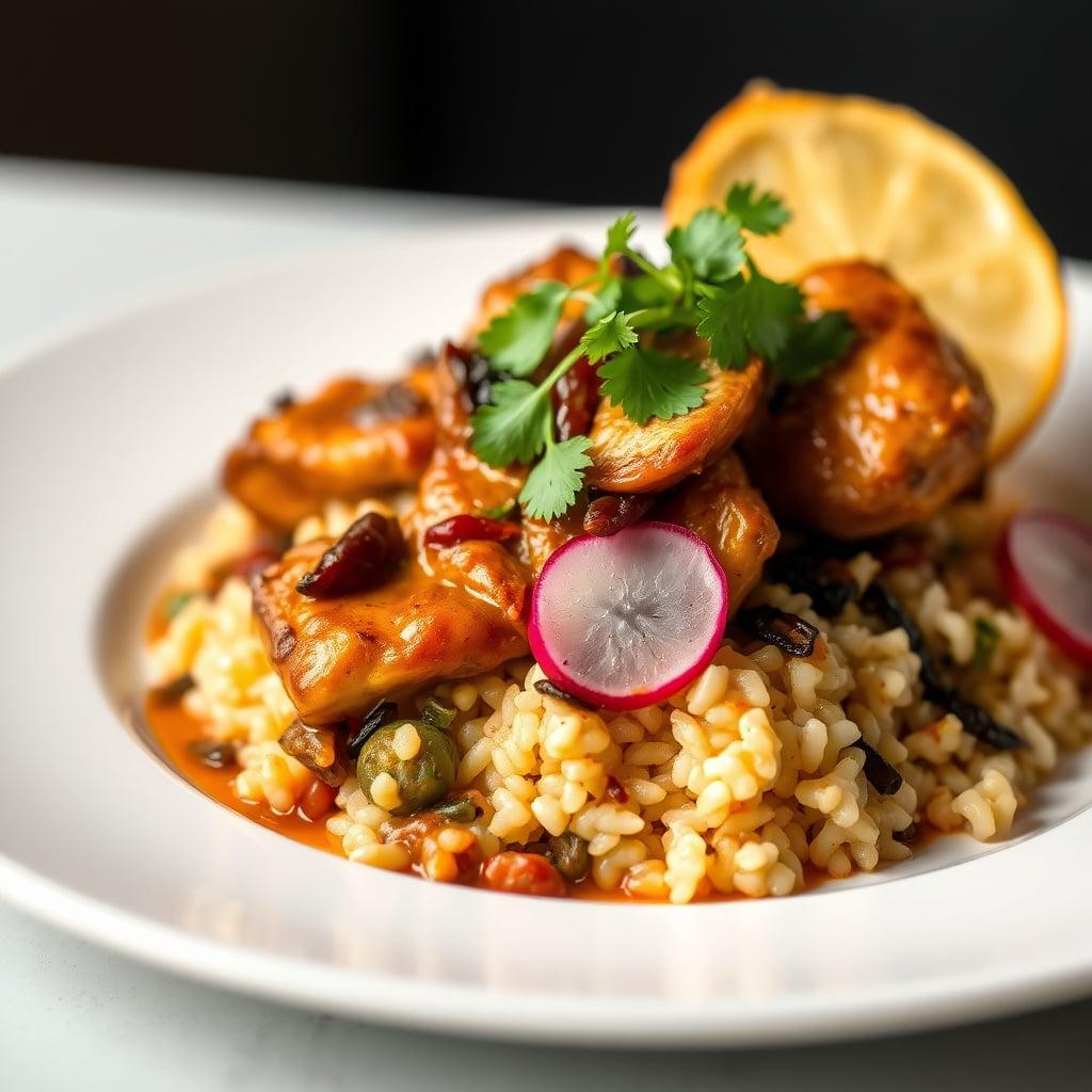 Ancho-Braised Chicken Tinga with Charred Poblano Rice and Pickled Radishes