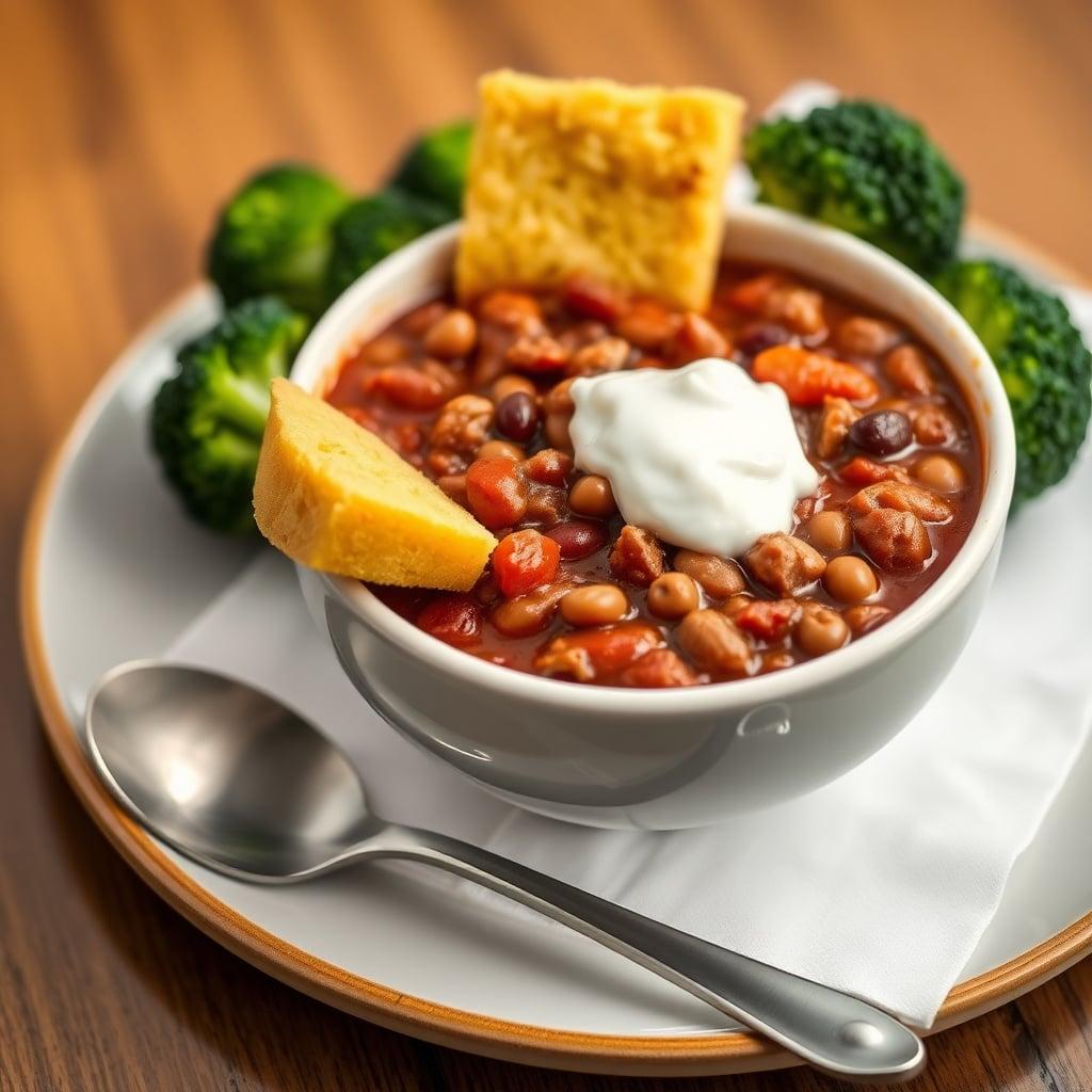 Beef and Three-Bean Chili with Cornbread and Steamed Broccoli