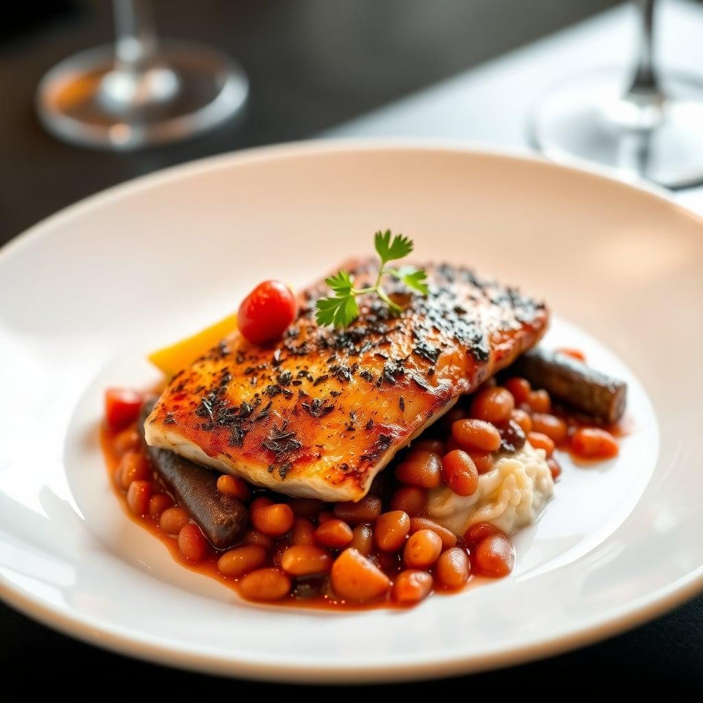 Blackened Tilapia with Creole Red Beans, Andouille Sausage, and Charred Bell Peppers