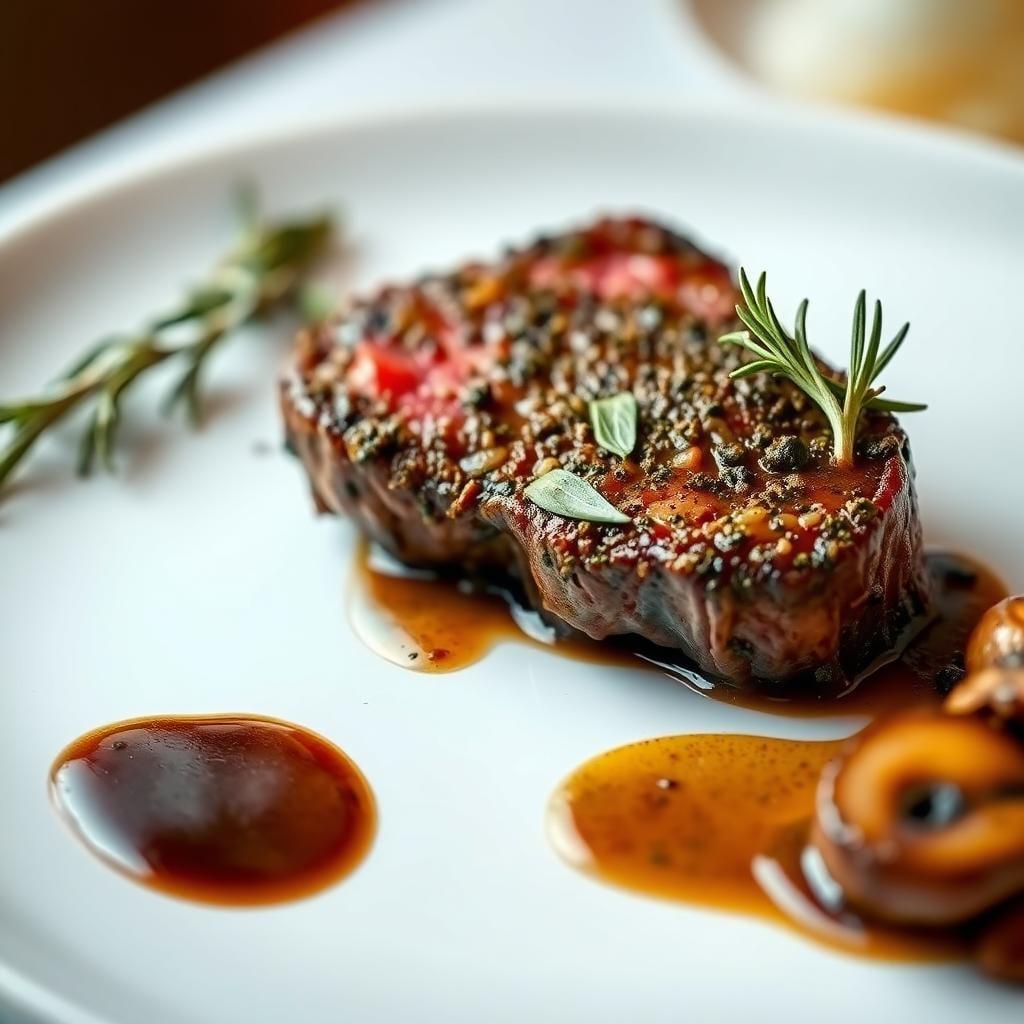 Herb-Crusted Pan-Seared Steak with Balsamic Mushroom Sauce Herb-Crusted Pan-Seared Steak with Balsamic Mushroom Sauce