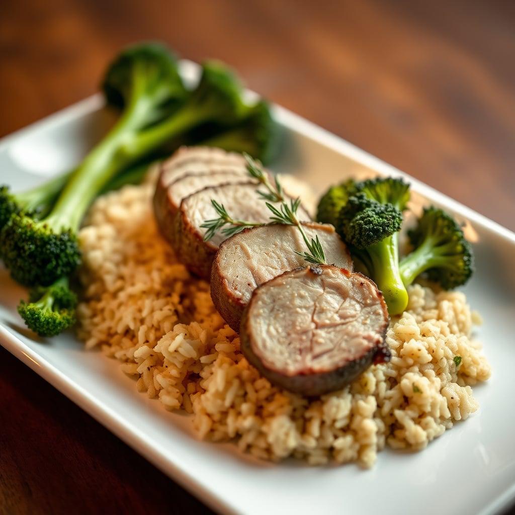 Dijon-Rosemary Pork Tenderloin with Wild Rice Pilaf and Roasted Broccoli Dijon-Rosemary Pork Tenderloin with Wild Rice Pilaf and Roasted Broccoli