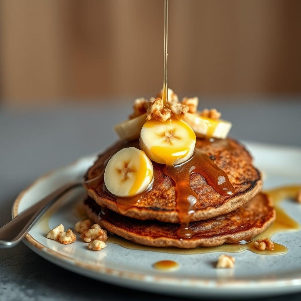 Banana-Walnut Buckwheat Pancakes with Maple Drizzle