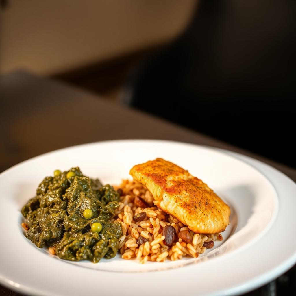 Cajun Spiced Catfish Alternative with Dirty Rice and Collard Greens