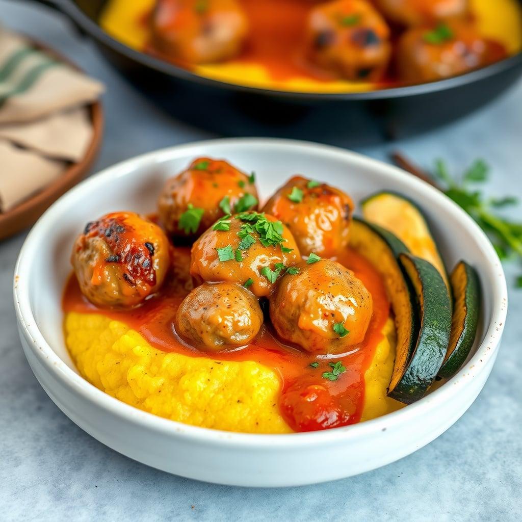 Skillet Turkey Meatballs with Creamy Polenta and Herb-Roasted Zucchini