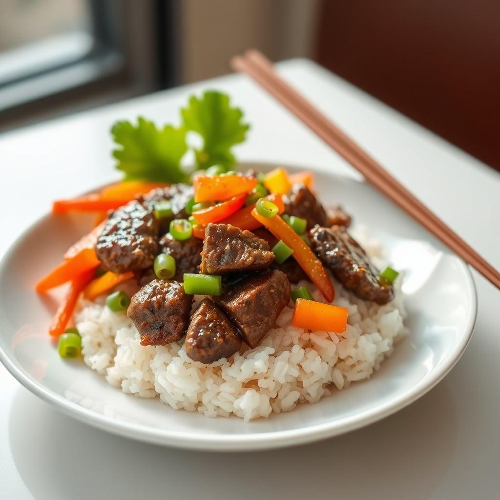 BBQ Beef Rice Bowl with Mixed Vegetables